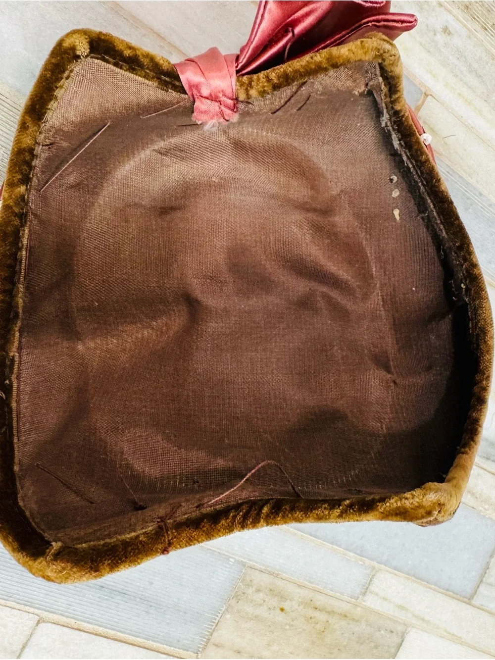 Vintage Brown Velvet Pillbox Hat Pink Satin Bow Sequin Trim Women’s Unbranded